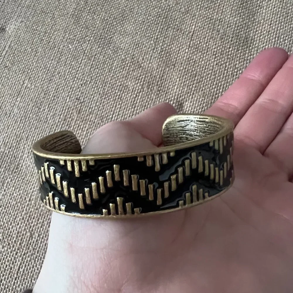 Loft black gold tone open cuff bangle bracelet tribal chevron geometric